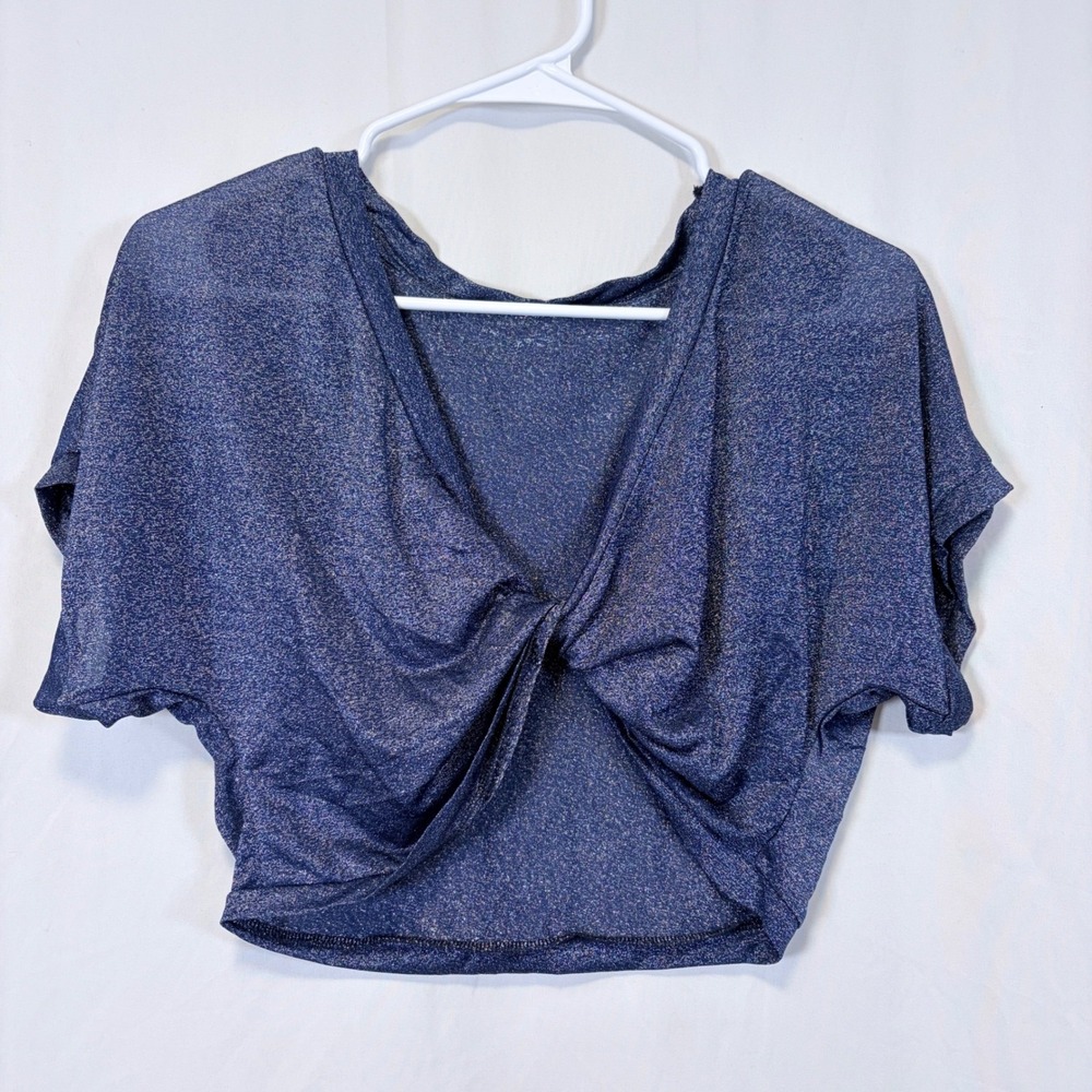 SHEIN Crop Top Twist Front Blue Metallic‎ Shimmer Batwing Sleeve Size L